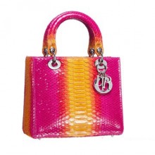 迪奥2011春夏新款桃红色搭配黄色拼皮蟒蛇皮女士手提包