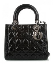 迪奥黑色漆皮菱形压纹Lady Dior两用小号手袋
